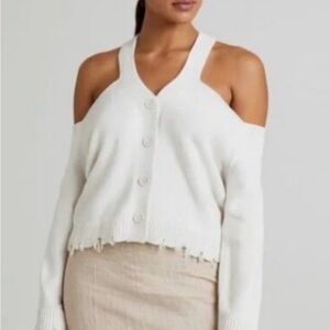 525 America off-the-shoulder sweater with a frayed hem and button-up front